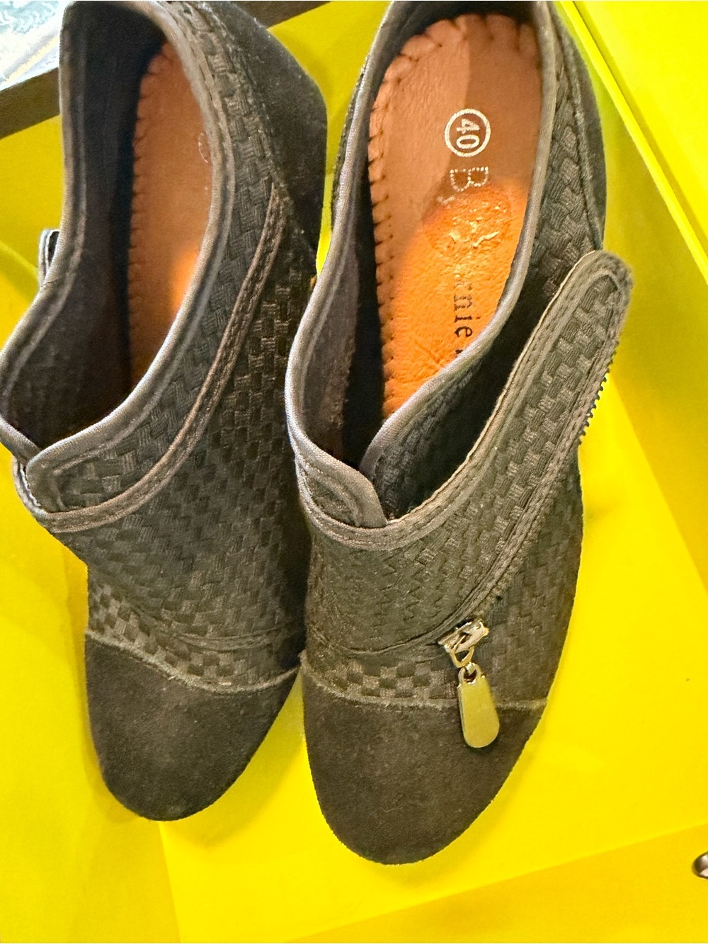 bernie mev. Black Woven Zip-Front Ankle Booties